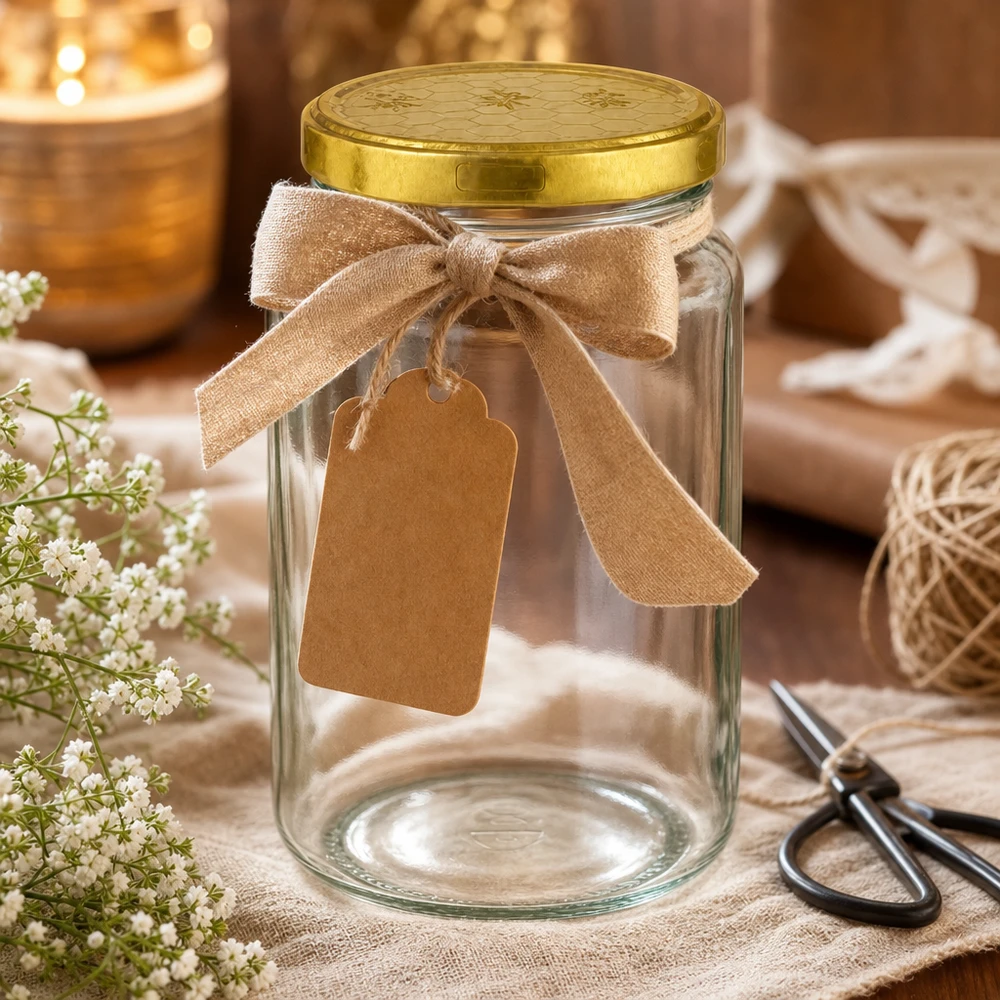 795ml ronde pot met gouden honingraatdeksel als geschenkverpakking versierd met strik en hanger