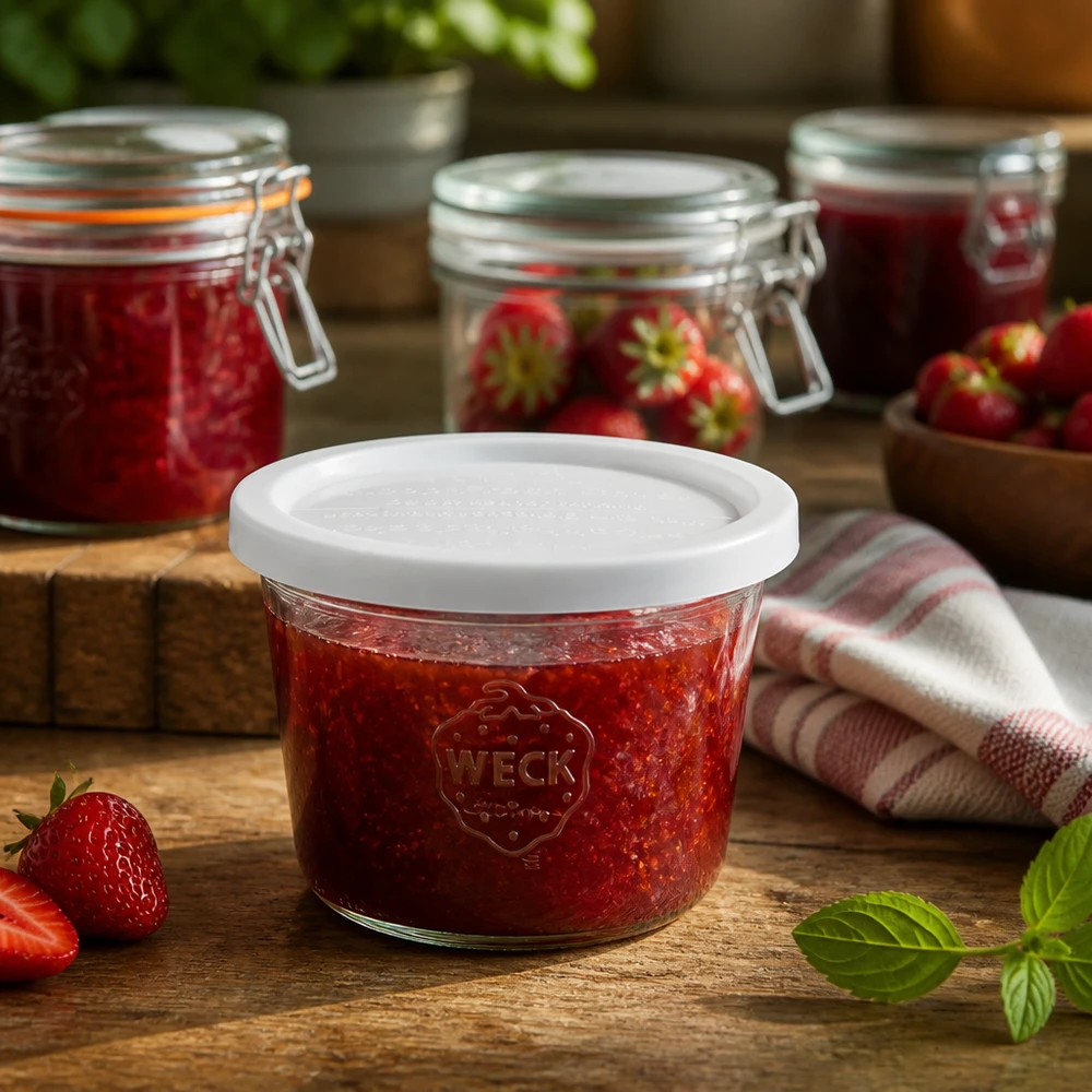 WECK RR100-pot van 370 ml met vershouddeksel WECK 370 ml RR100 pot gevuld met aardbeienjam in een rustieke keuken naast verse aardbeien en inmaakpotten