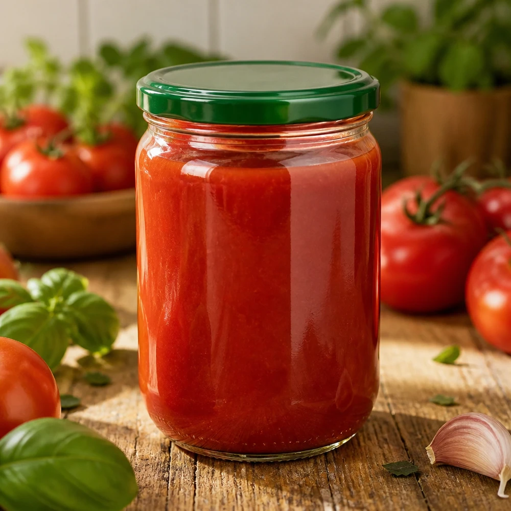 Glazen pot van 555 ml met BasicSeal-deksel, groen, UNiTWIST, ideaal voor het inmaken van tomatensaus met basilicum