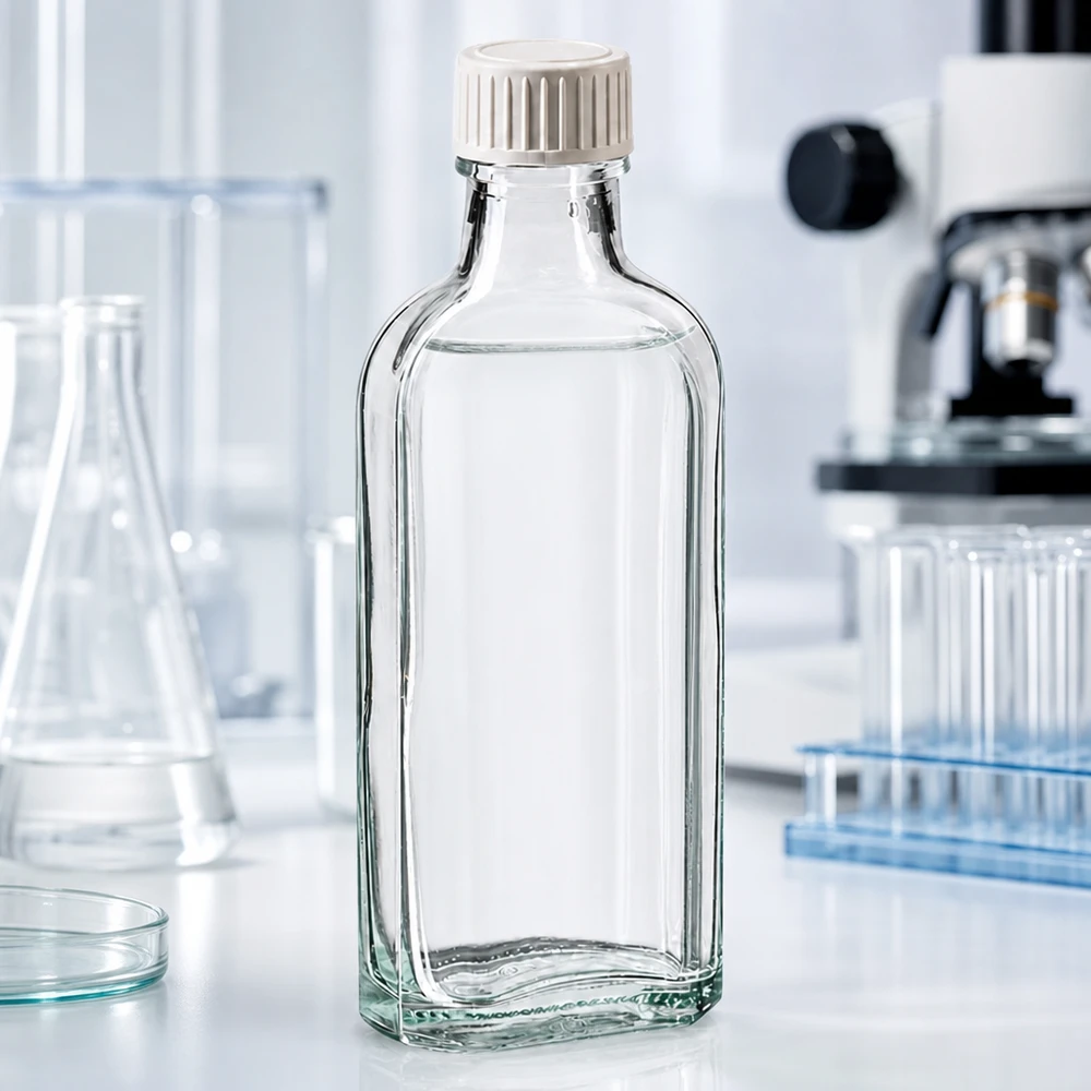 100 ml witte meplatfles met DIN 22 monding, inclusief schroefsluiting DIN 22 wit met PE-schuiminzetstuk Glazen fles van 100 ml met een geribbelde witte dop en een beschermende schuimlaag