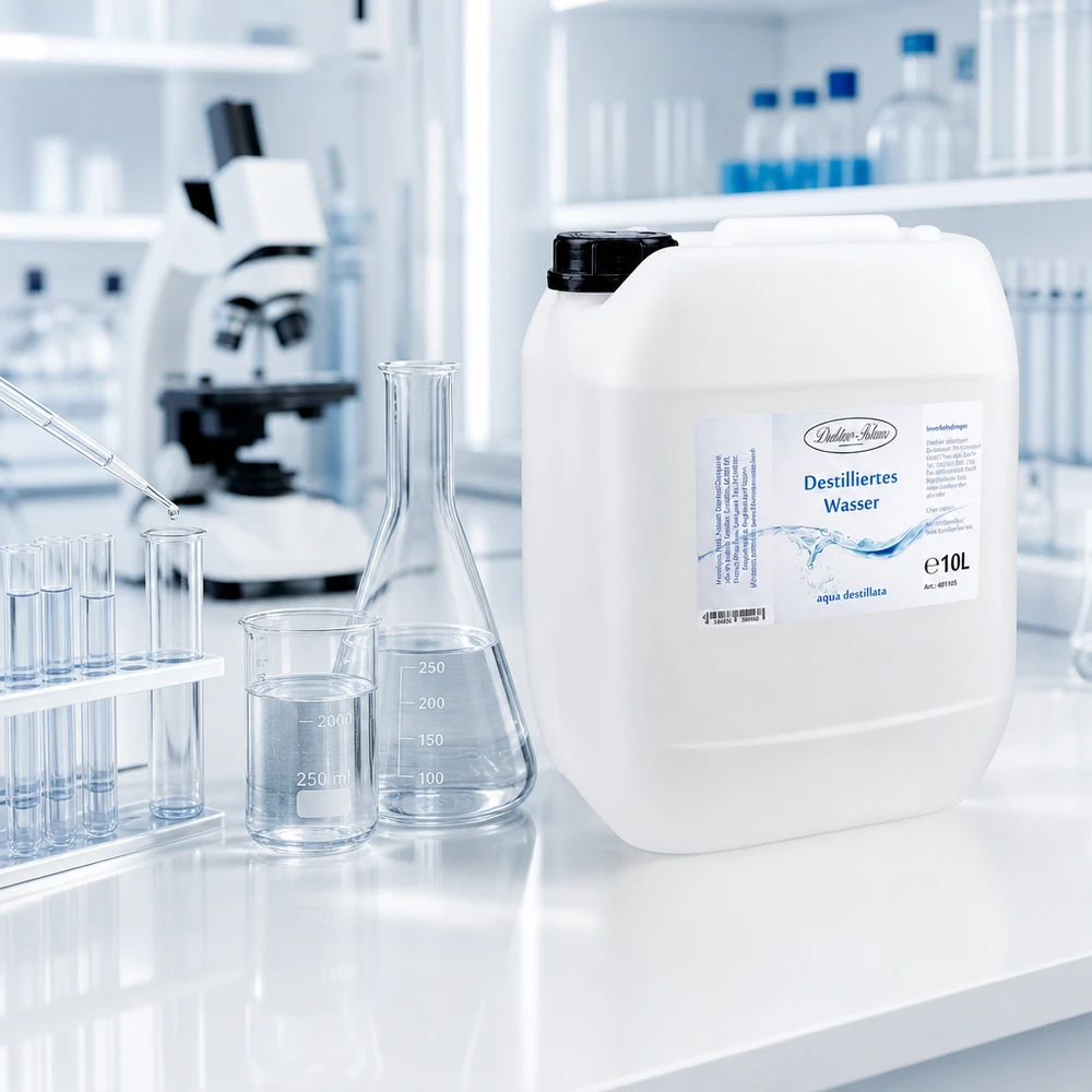 10 liter Doktor-Klaus gedestilleerd water in een grote opbergverpakking voor professionele laboratoriumapparatuur