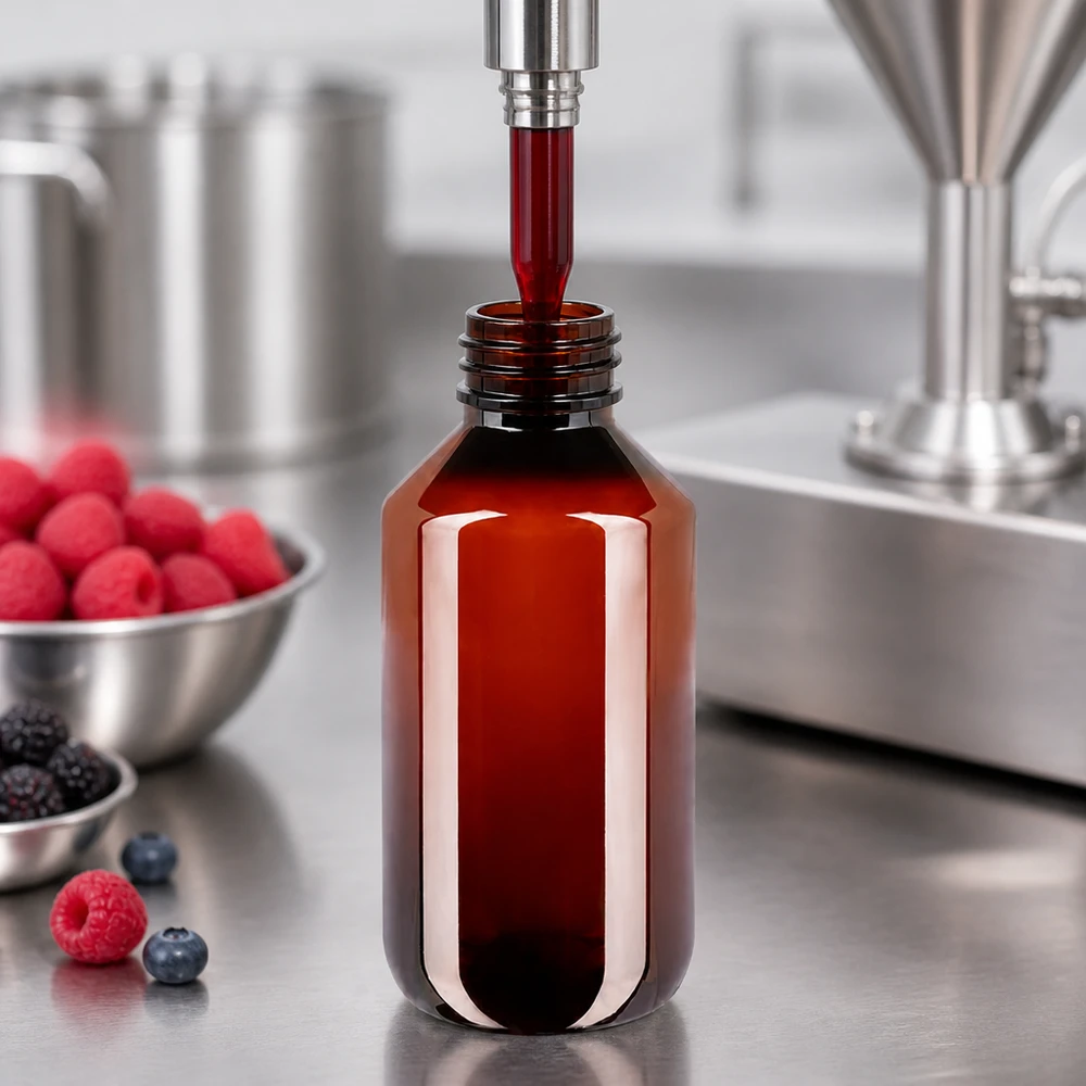 PET-fles 100ml met wit geribbeld OV Vulproces van rode bessensap in amberkleurige PET-flesjes van 100 ml – industriële voedselproductie