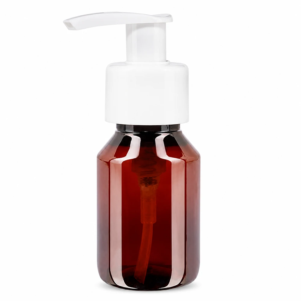50 ml PET medicijnfles met wit dispenserpomp, standaard Leere amber PET Rundflasche 50ml mit weissem Pumpkopf für flüssige Kosmetikprodukte