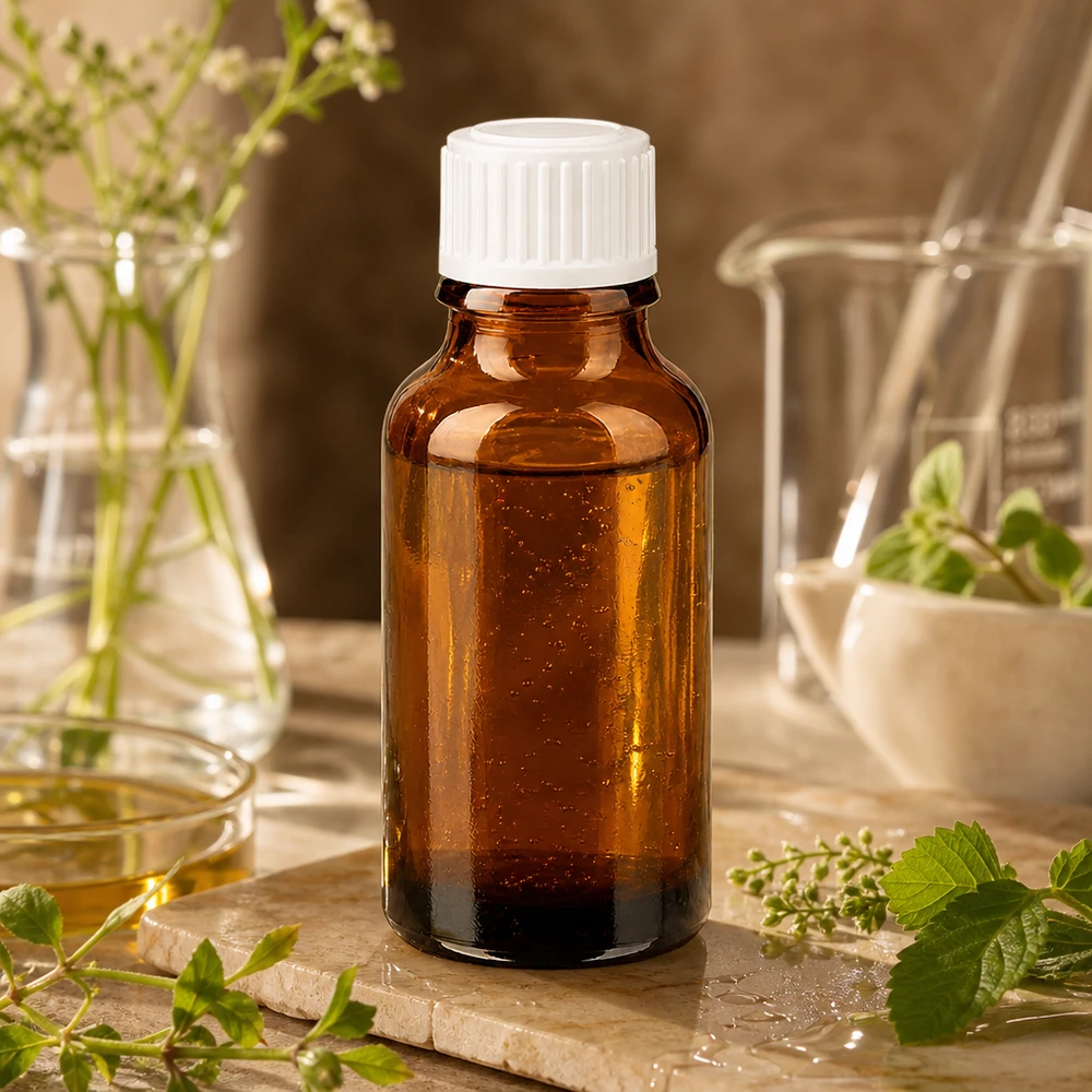 Bruine glazen fles 20ml met wit schroefsluiting St Apothekersflesje van bruin glas, 20 ml, met witte dop van 11 mm, naast een vijzel, een stamper en verse kruiden