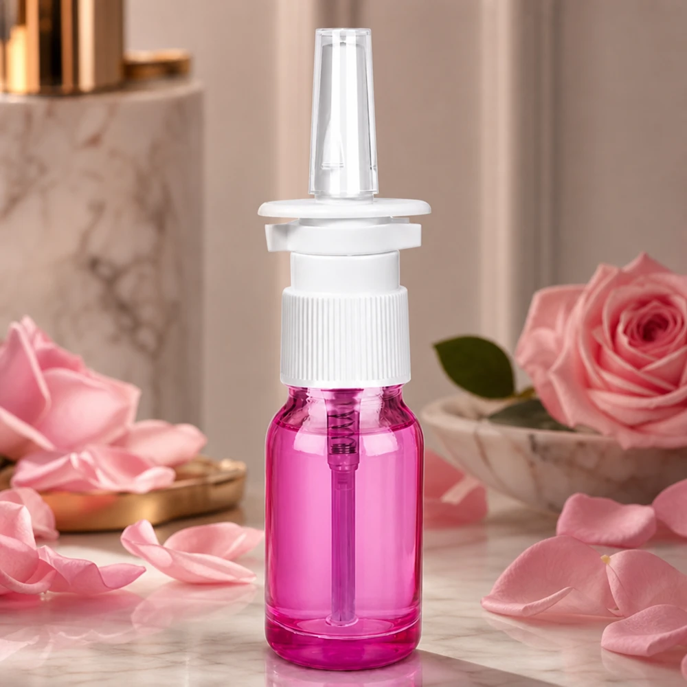 10ml neussprayfles wit/transparant standaard PurpleLine. UT18/10 Hoogwaardig 10ml neussprayflesje van getint glas met lekvrije dop