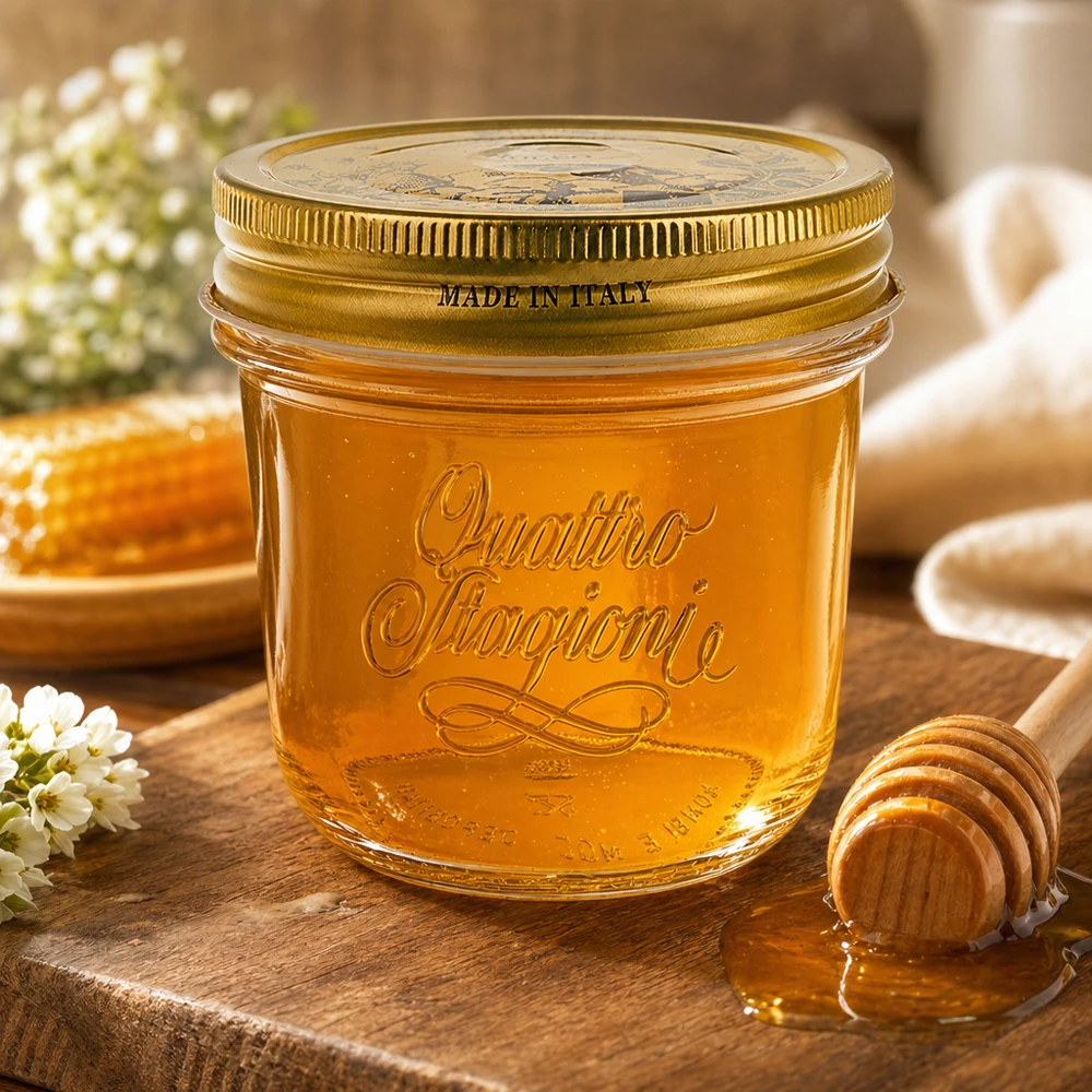200ml "Quattro Stagioni" bekers met deksel 200ml Quattro Stagioni bekers met gouden deksel gevuld met honing op een houten tafel met honinglepel en bloemen