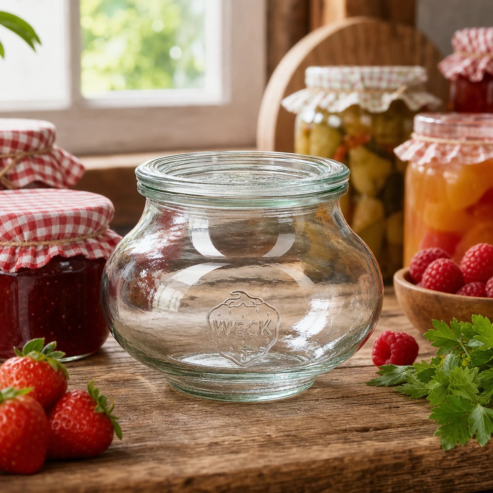 WECK RR80 inmaakpot 560 ml in rustieke keuken versierd met jam, fruit en andere voorraadpotten