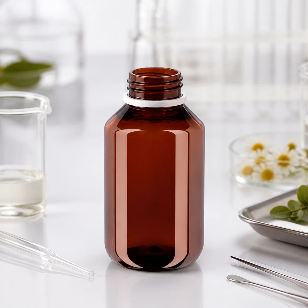 100ml PET medicijnfles - schroefsluiting VR wit - doseerbeker 30ml blank UV-Schutz Dosierflasche 100ml braun mit weißem OV Deckel für empfindliche Substanzen