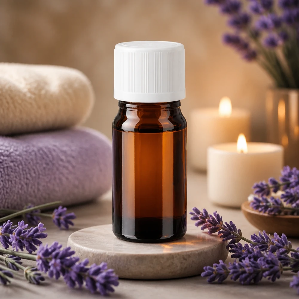 Flesje etherische olie van 5 ml, van bruin glas met een witte veiligheidsdop, Lavendel-Ambiente