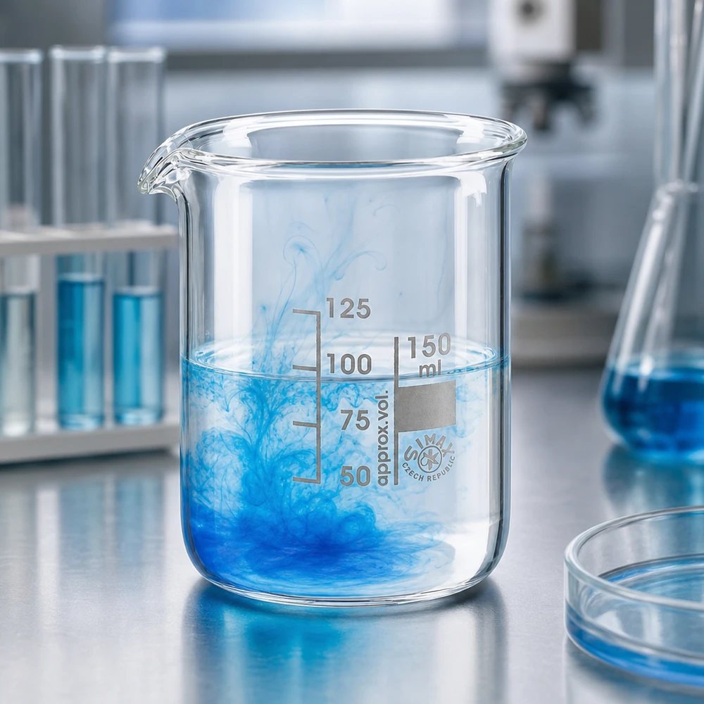 Hittebestendig borosilicaatglas beker 150ml met blauwe vloeistof in modern laboratoriumontwerp