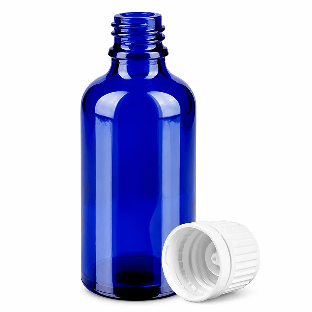 50ml fles 11mm SV wit OV BlueLine UT18/50 Compacte glazen fles van 50 ml in kobaltblauw met verzegelbare sluiting voor laboratoriumtoepassingen