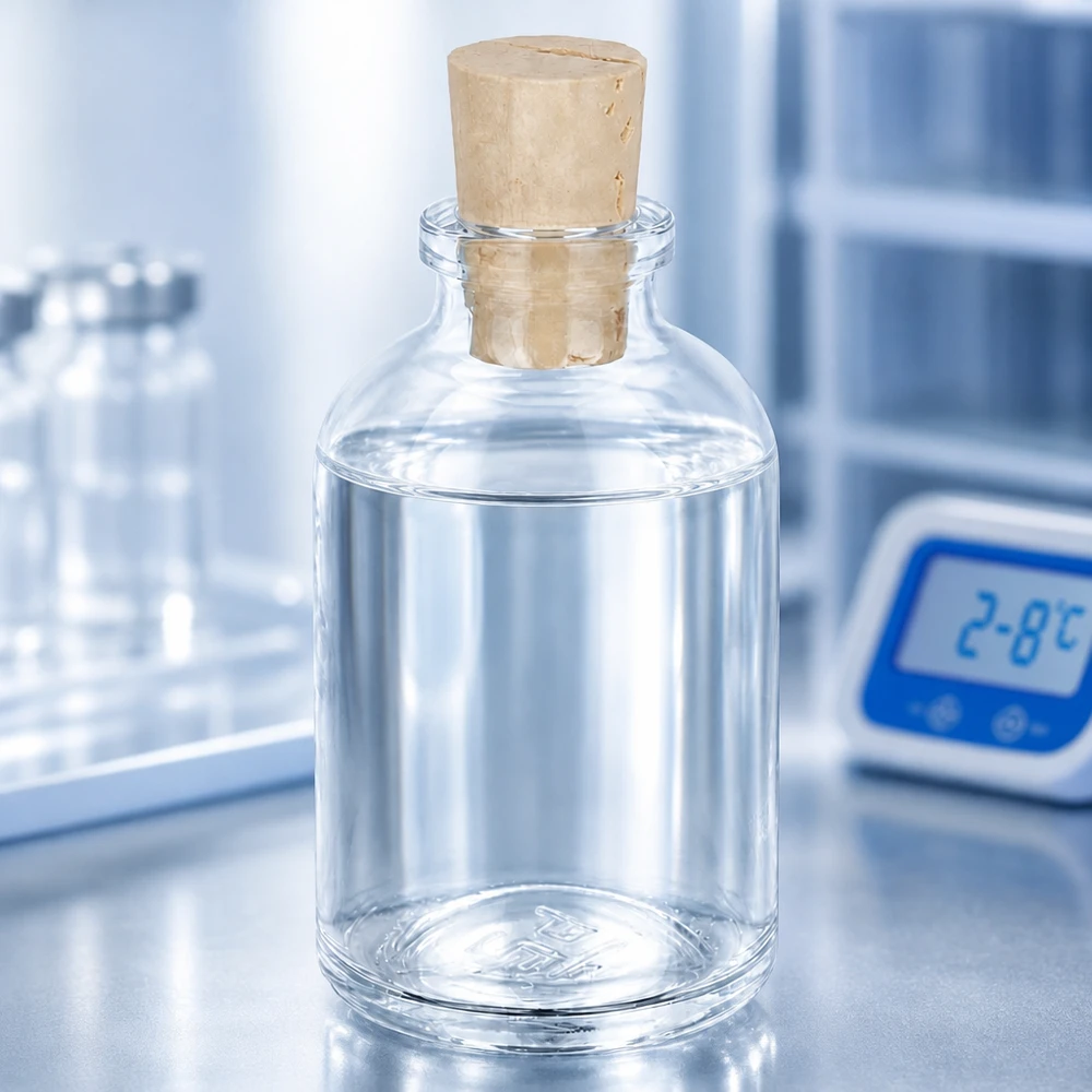 Injectiefles helder glas 50ml met kurk 11/14mm Apothekerflasche Klarglas 50ml mit Korken 11/14mm halb gefüllt mit klarer Lösung im Kühlbereich