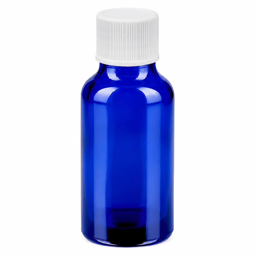 Blauw glazen flesje van hoge kwaliteit met een inhoud van 20 ml, UV-bescherming en witte dop