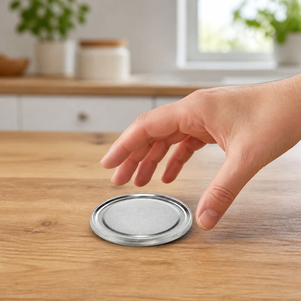 82 mm BasicSeal-deksel, zilver (TO82) UNiTWIST UNiTWIST TO82 BasicSeal 82 mm deksel, zilverkleurig, ligt op een lichte houten tafel in een moderne keuken