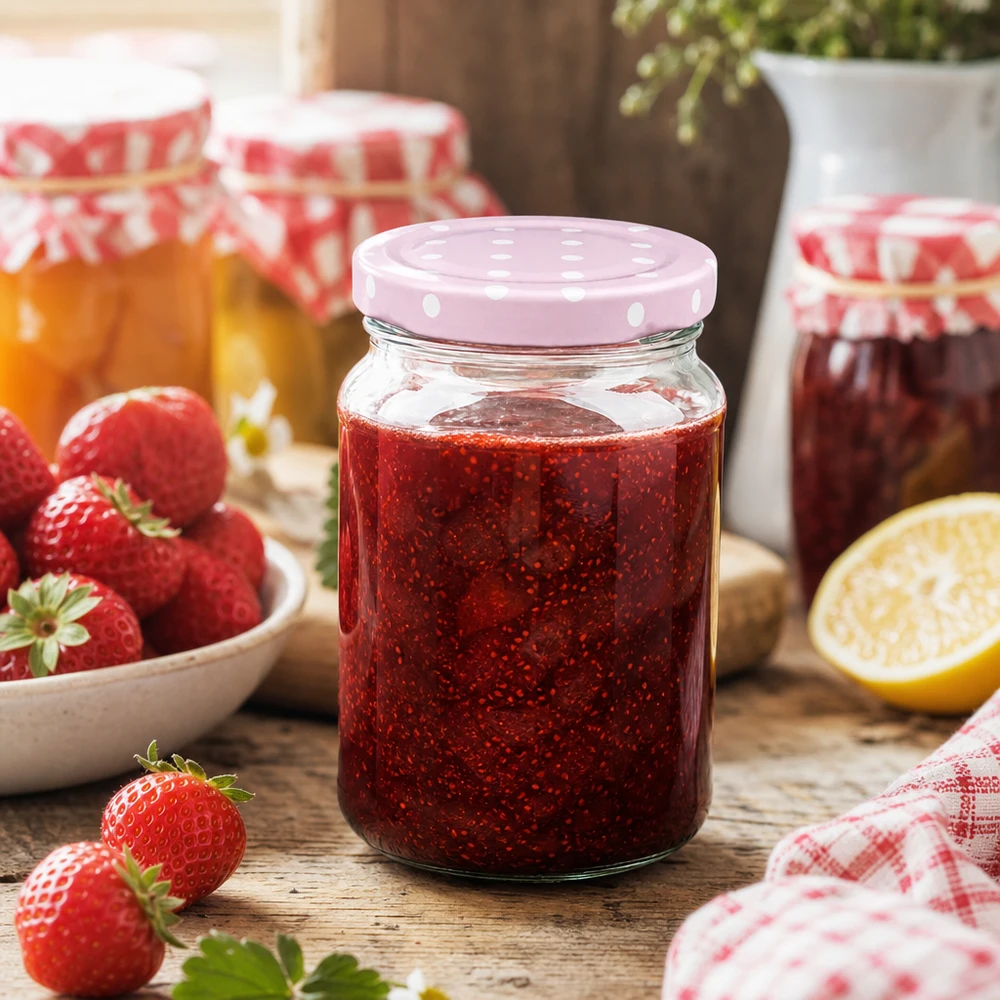 Ronde pot van 205 ml + roze BasicSeal-deksel met stippen UNiTWIST 205 ml ronde pot met roze BasicSeal gestippeld deksel gevuld met aardbeienjam tussen verse aardbeien op een houten tafel