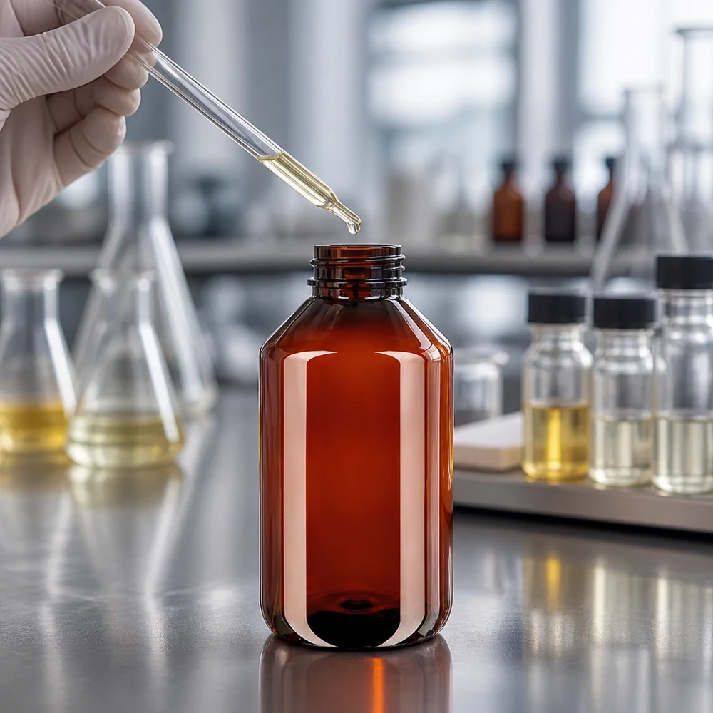 PET fles 500ml met witte verzegelde stop, geribbeld Apothekersfles van PET, 500 ml, bruin met een wit geribbeld etiket, voor etherische oliën en tincturen