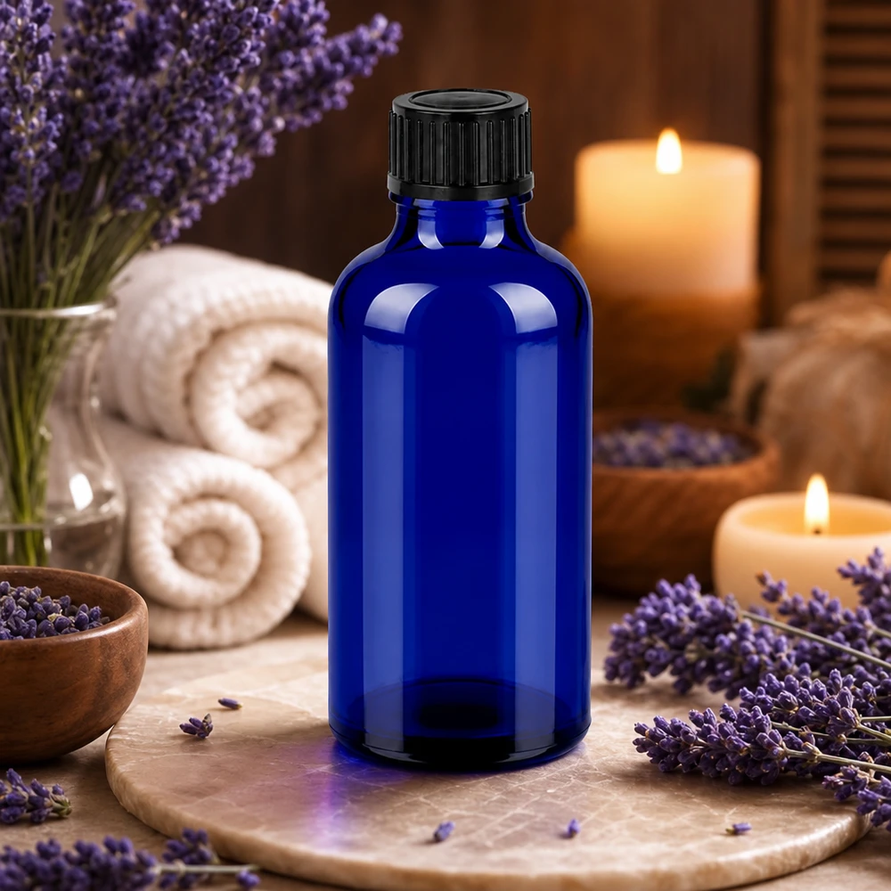 Compacte blauwe glazen fles 50ml met druppeldop voor mobiele toepassingen