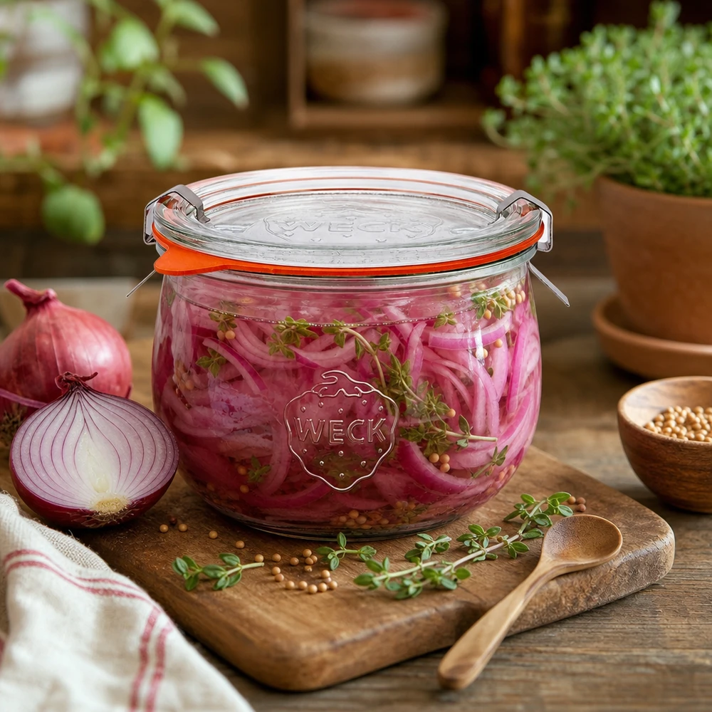 WECK tulpenpot 580ml RR100 gevuld met ingemaakte rode uien, decoratief gerangschikt met kruiden op een houten plank