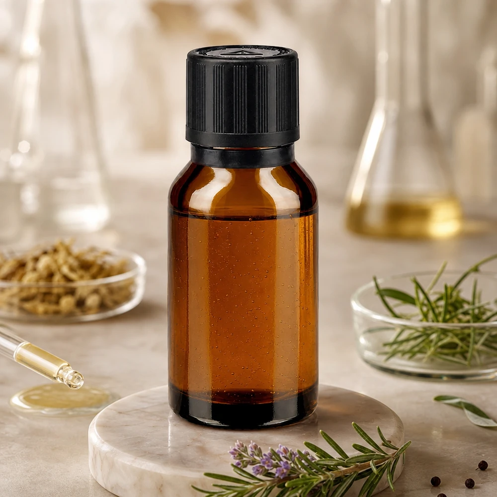 Bruine glazen fles 15ml met zwart druppelsluiting 1mm kinderslot Bliw. VR Kleine bruine apothekersfles van 15 ml met kindveilige sluiting in een natuurlijke kruidenomgeving