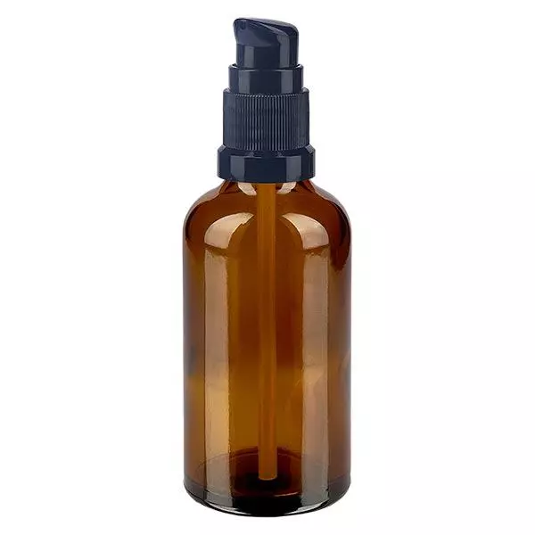 Bruine glazen flessen 50ml met zwart pompsluiting Bruine glazen flessen 50ml met zwart pompsluiting