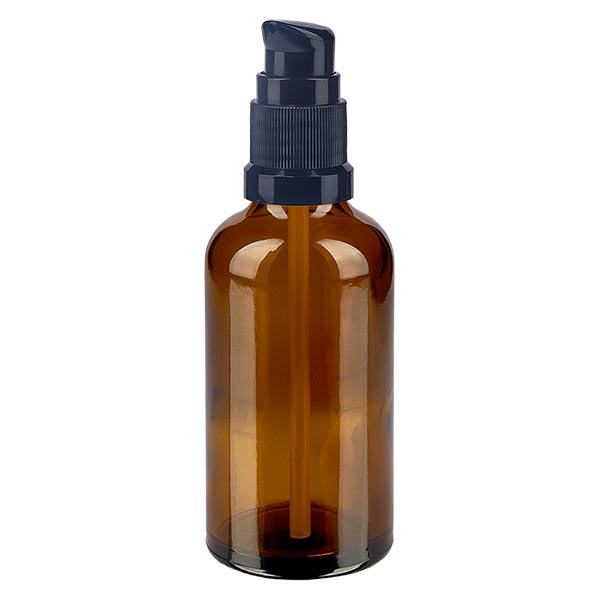 Bruine glazen flessen 50ml met zwart pompsluiting Bruine glazen flessen 50ml met zwart pompsluiting