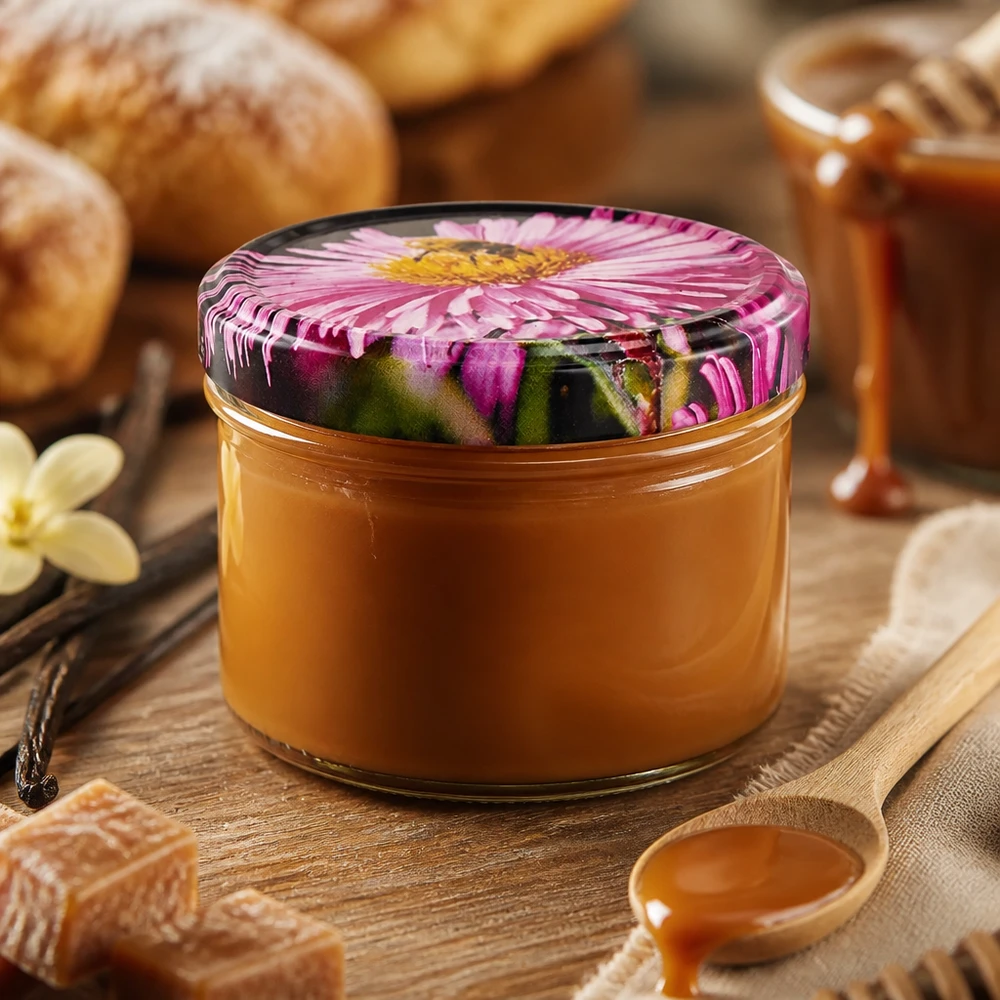 UNiTWIST BasicSeal Blüte glazen pot van 186 ml met dulce de leche en houten lepel