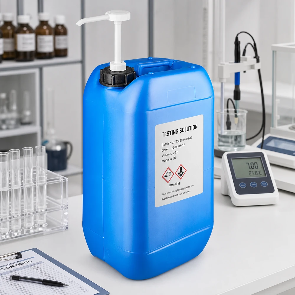 Stevige blauwe vierkante jerrycan van 15 liter met pomp, naast een pH-meter en reageerbuisjes