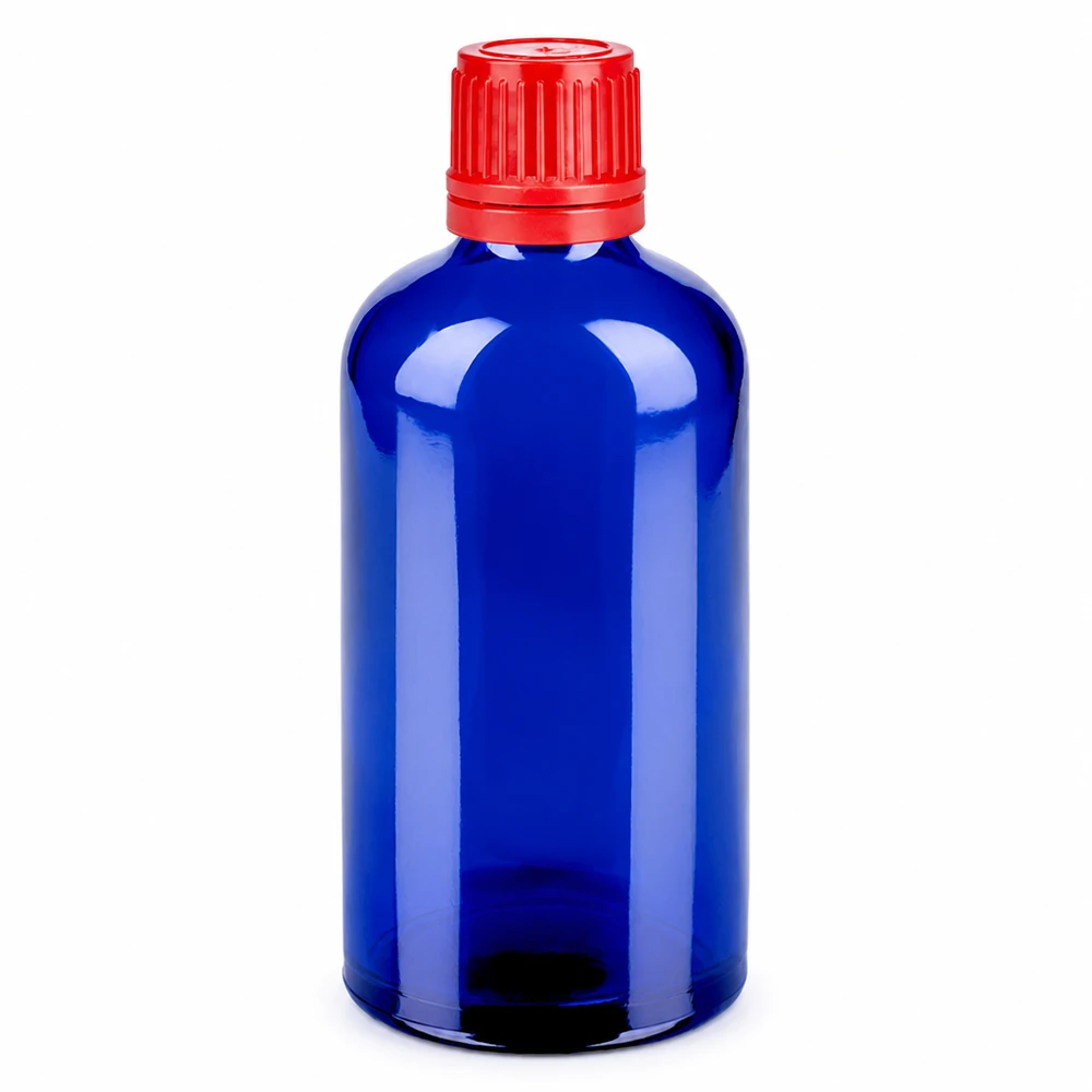 100ml fles 11mm SV rood OV BlueLine UT18/100 Helderblauwe 100ml fles met opvallende rode dop 11mm SV OV BlueLine