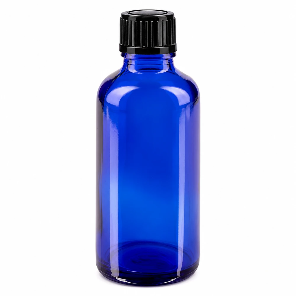 Blauwe apothekersfles van 50 ml, glazen fles met UV-bescherming en zwarte schroefdop van 11 mm