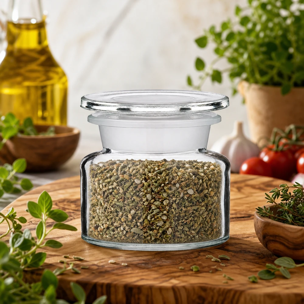 Apothekersfles met wijde hals, helder glas, 50 ml, met gedroogde kruiden, olijfolie en tomaten, voor in de keuken