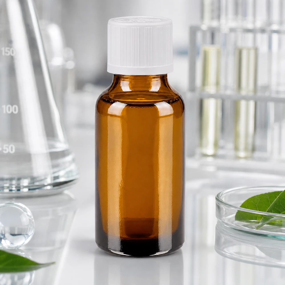 Bruine glazen fles 20ml met wit schroefsluiting kinderslot St Een bruine glazen fles van 20 ml met een witte KiSi-dop, omringd door laboratoriumapparatuur en een petrischaal