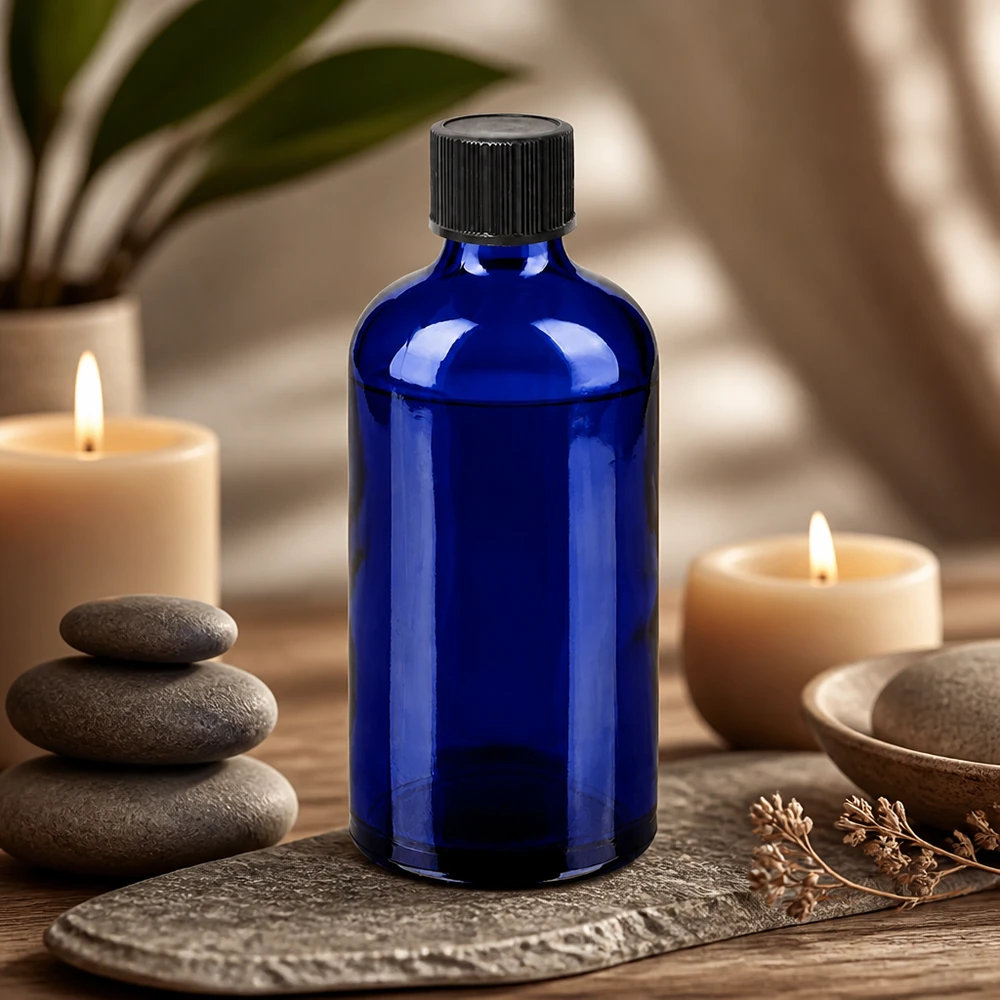 100ml druppelfles 1mm zwart STD BlueLine UT18/100 Kobaltblauwe 100ml druppelflacon met UV-bescherming en zwarte dop voor lichtgevoelige stoffen