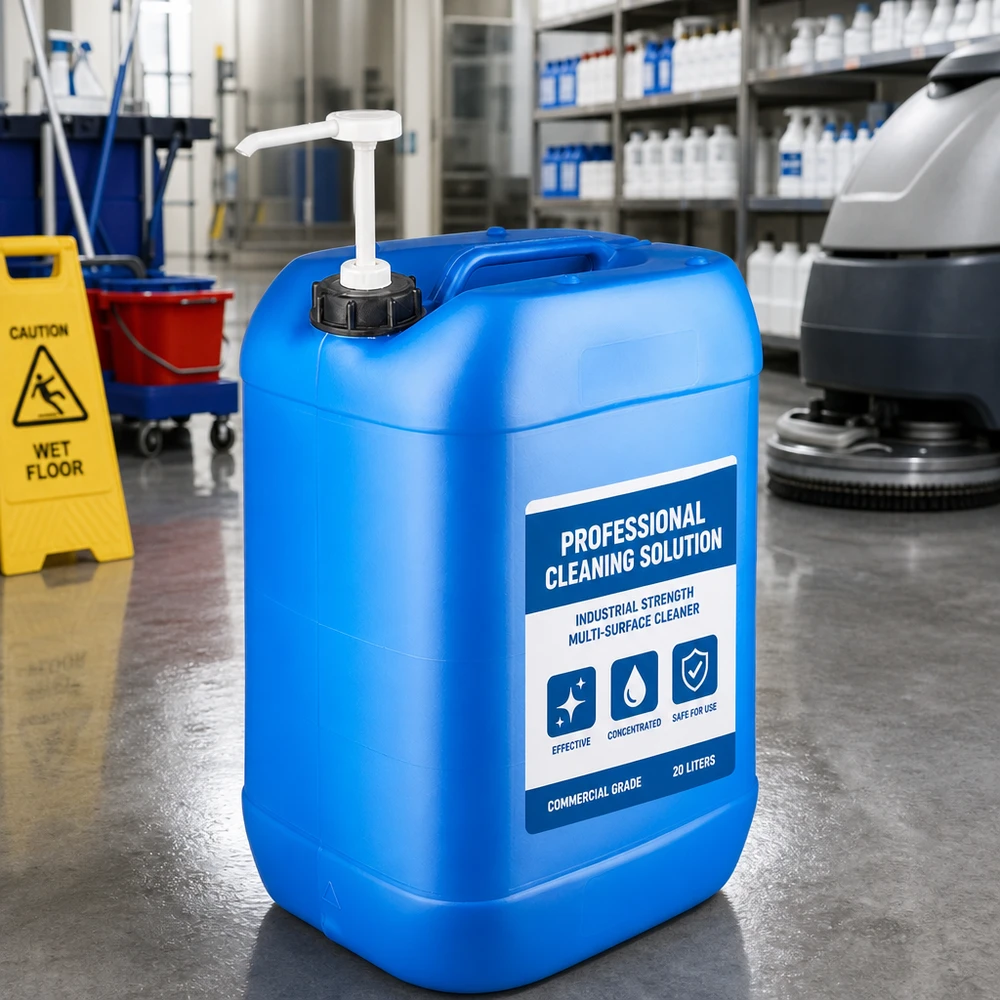 Canister 25 liter blauw met doseerpomp Blauwe voorraadjerrycan van 25 liter met pomp voor professionele reinigingsvloeistof in een industriële hal