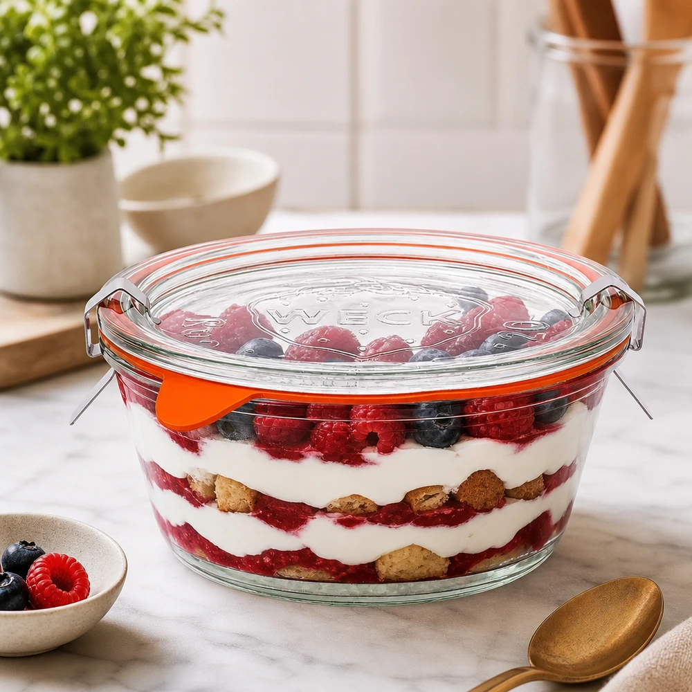 WECK gourmetpot 300ml RR120 gevuld met gelaagd bessendessert, trifle in glazen pot met deksel
