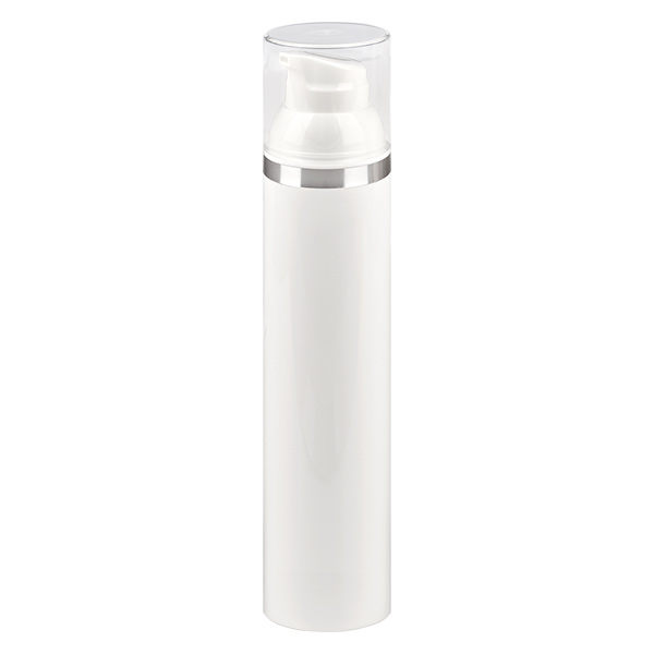 100ml Airless dispenser wit met zilver reliëf 100ml Airless dispenser wit met zilver reliëf