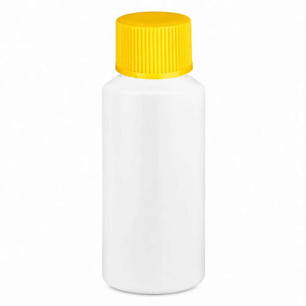 PET cilinderfles 30ml wit met schroefsluiting geel Compacte HDPE-apothekersfles van 30 ml in wit met een gele schroefdop, geschikt voor levensmiddelen
