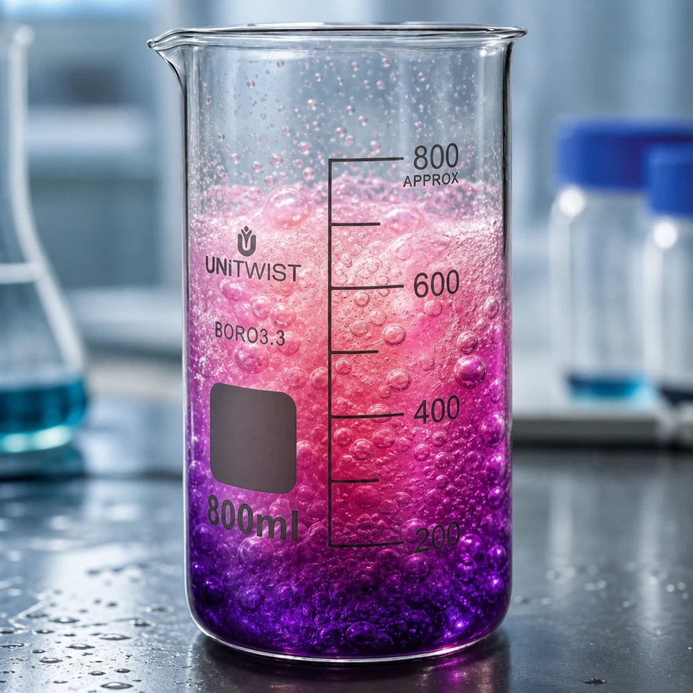 Becherglas 800 ml BORO3.3, hoog model met millimeterschaal en levendige reactie in het laboratorium