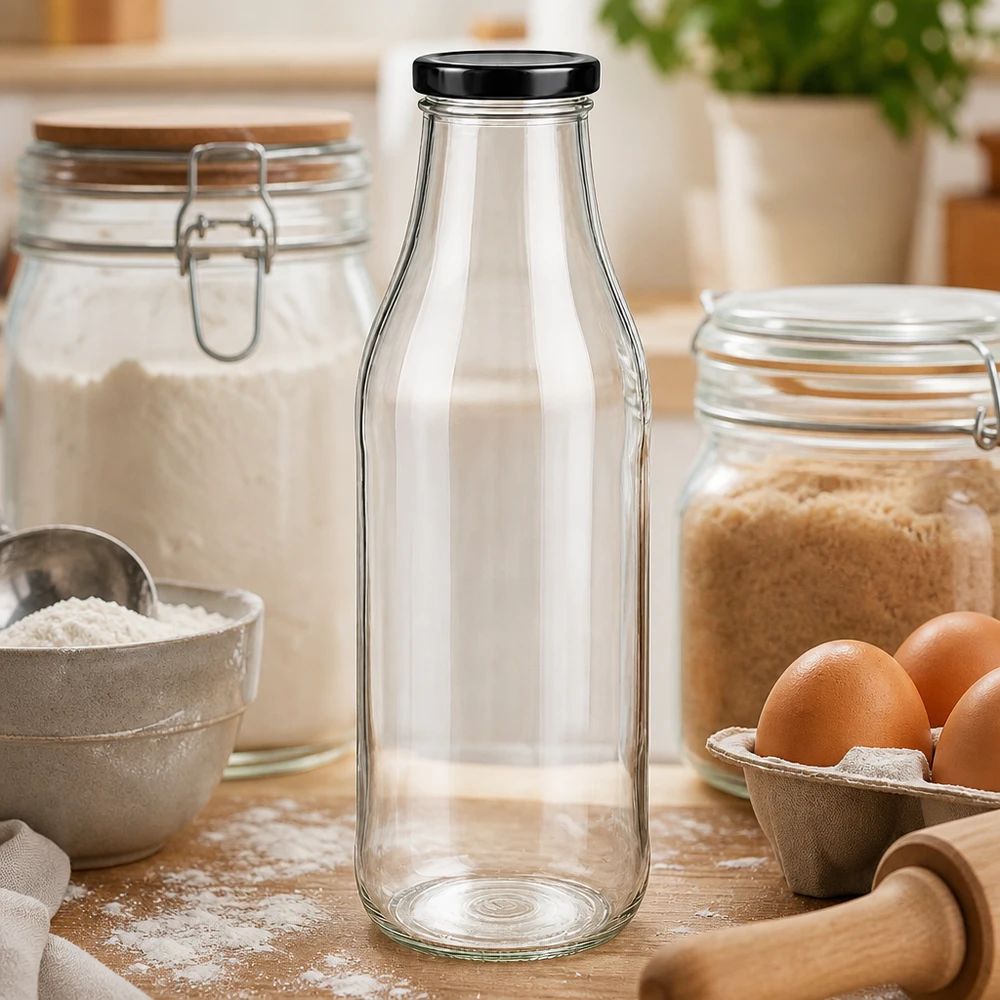 1000ml glazen fles leeg op houten tafel tussen bakingrediënten, eieren en bloem als keukengerei