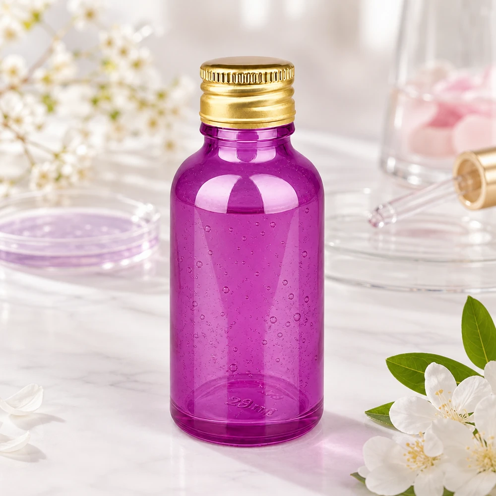 30ml flacon 11mm schroefdop aluminium gouden standaard PurpleLine. UT18/30 30ml paarse glazen fles met SV-systeem en elegante gouden dop voor hoogwaardige verzorgingsproducten