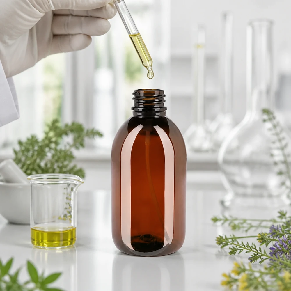 250 ml PET medicijnfles met verstuiver zwart GCMI 28/410 incl. dop transparant, standaard Nachfüllbare 250ml PET Flasche braun mit schwarzem Sprühkopf für Aromatherapie