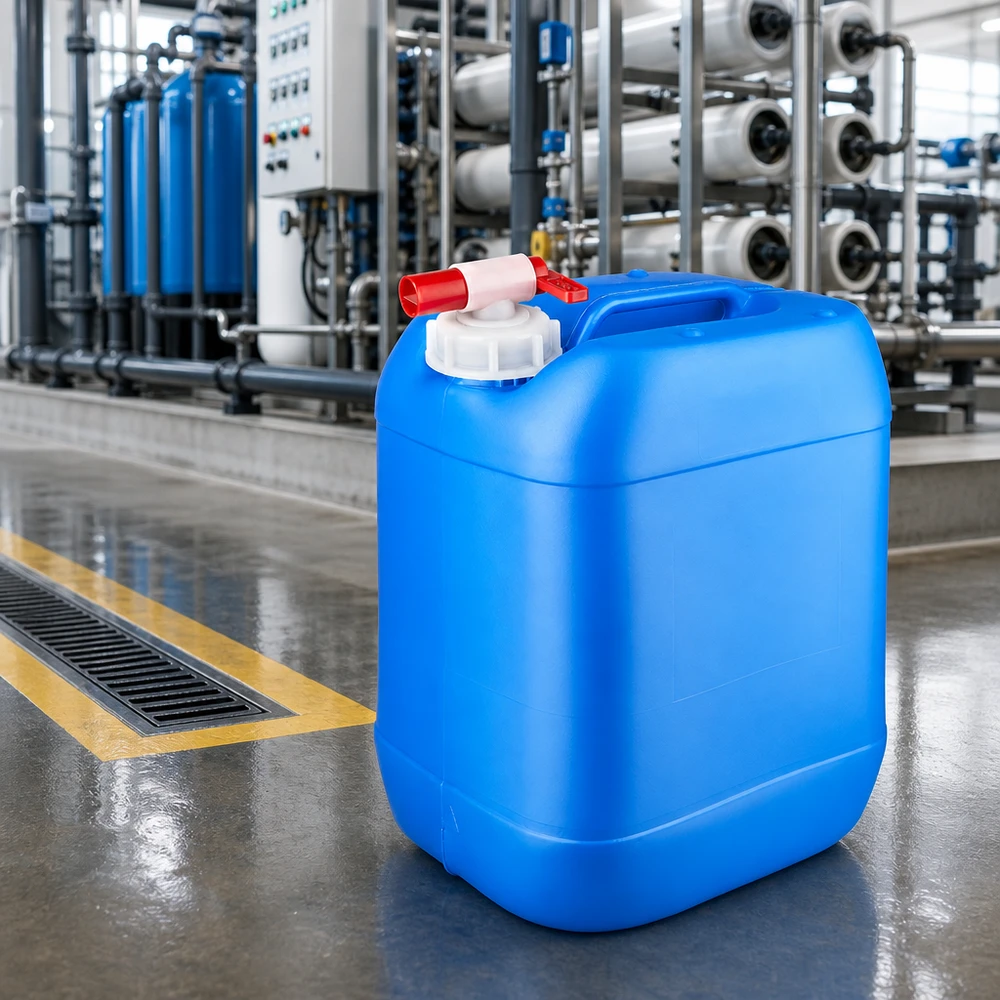 Stapelbare vloeistofcontainer van 20 liter in blauw met een uitloopkraan die met één hand te bedienen is