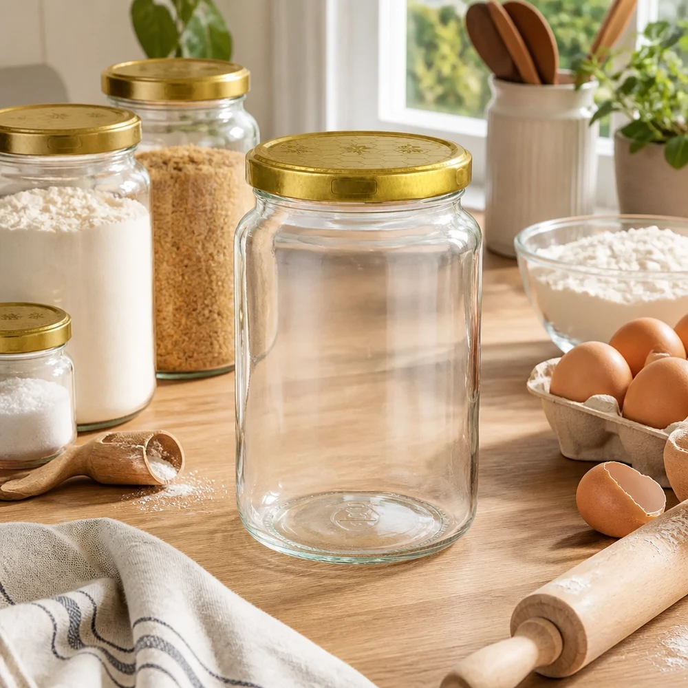 Lege ronde pot van 795 ml met gouden honingraatdeksel in keukenscène met eieren en bakingrediënten