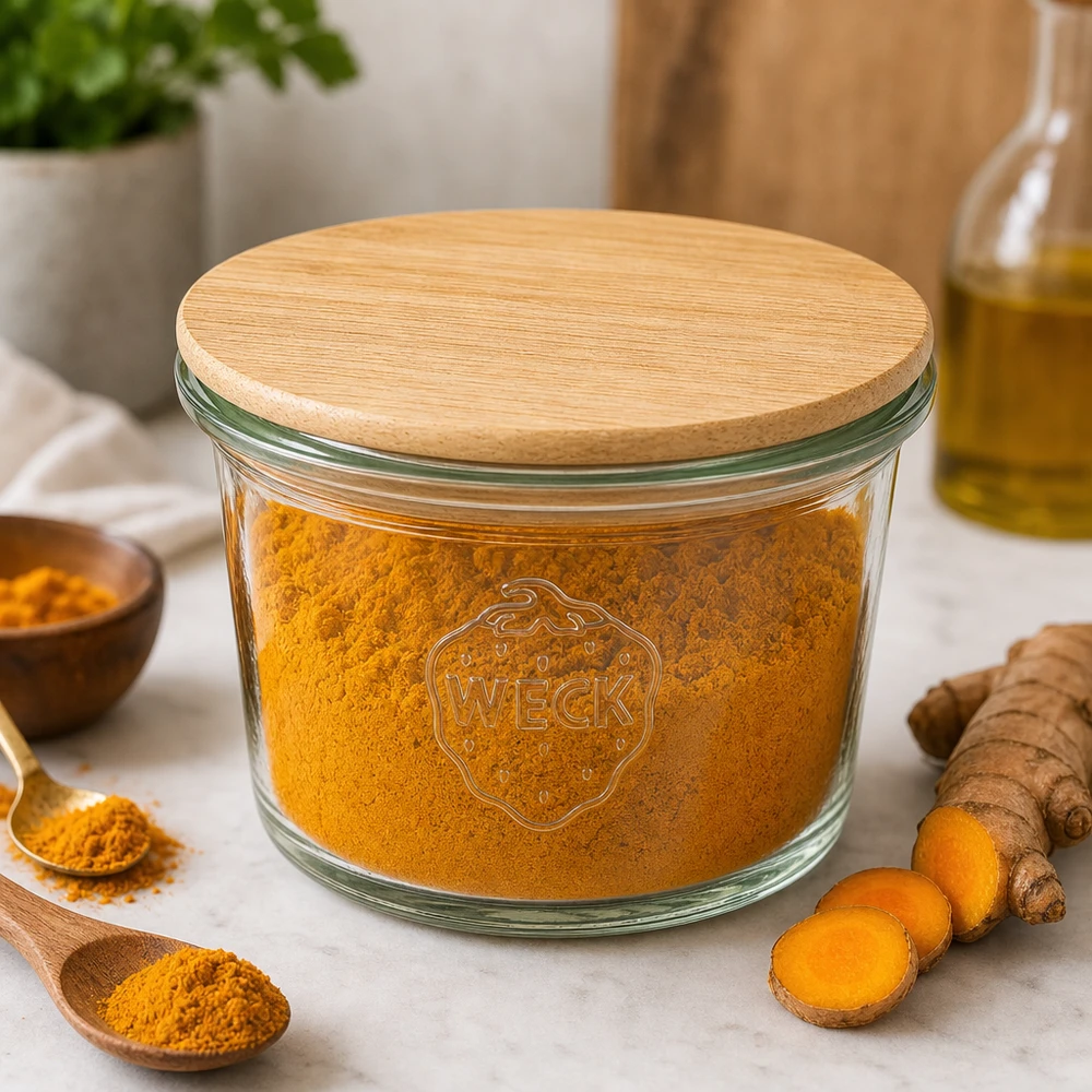 WECK-mini stortglas 35ml met hout deksel WECK mini glazen potje 35ml met houten deksel gevuld met kurkumapoeder in de keuken naast verse kurkumawortels en specerijen