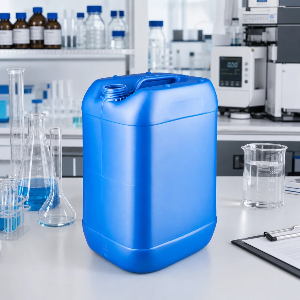 Blauwe VN-jerrycan van 25 liter zonder dop, met brede schroefhals en ergonomische handgreep