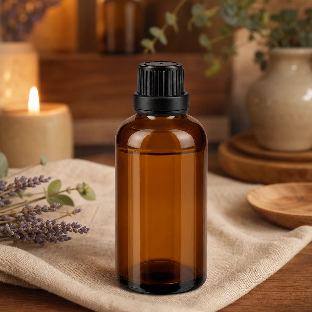 Bruine glazen fles 50ml met zwart schroefsluiting dicht. VR Kleine bruine glazen fles van 50 ml met geribbelde zwarte schroefdop voor het bewaren van etherische oliën