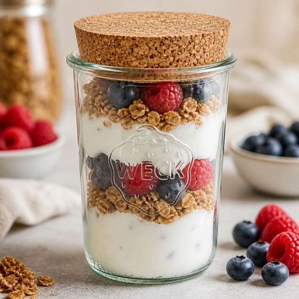 850ml stortglas WECK RR100 met kurk WECK bekers 850ml RR100 met kurk als yoghurt parfait pot met bessen granola en natuurlijke yoghurt gelaagd dessert