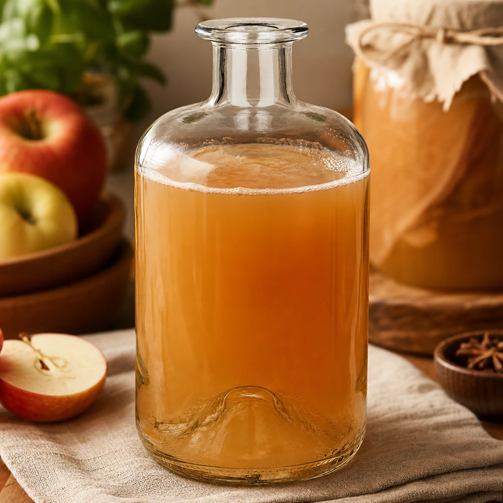 Apothekersfles Luna 500ml gevuld met appelsap naast verse appels en kruiden als natuurlijke keukendecoratie