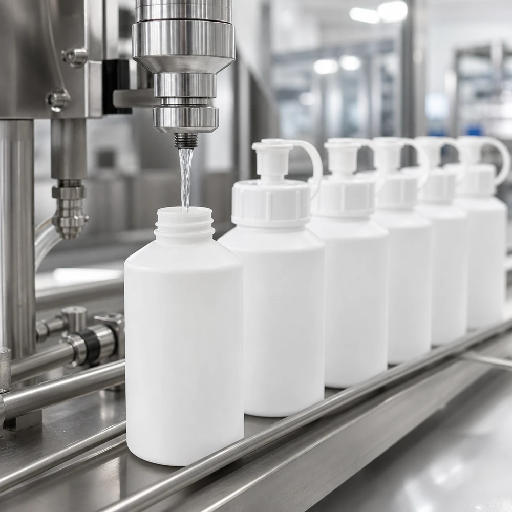 De witte apotheekfles van HDPE (50 ml) wordt machinaal afgevuld op een hogesnelheidsafvulinstallatie