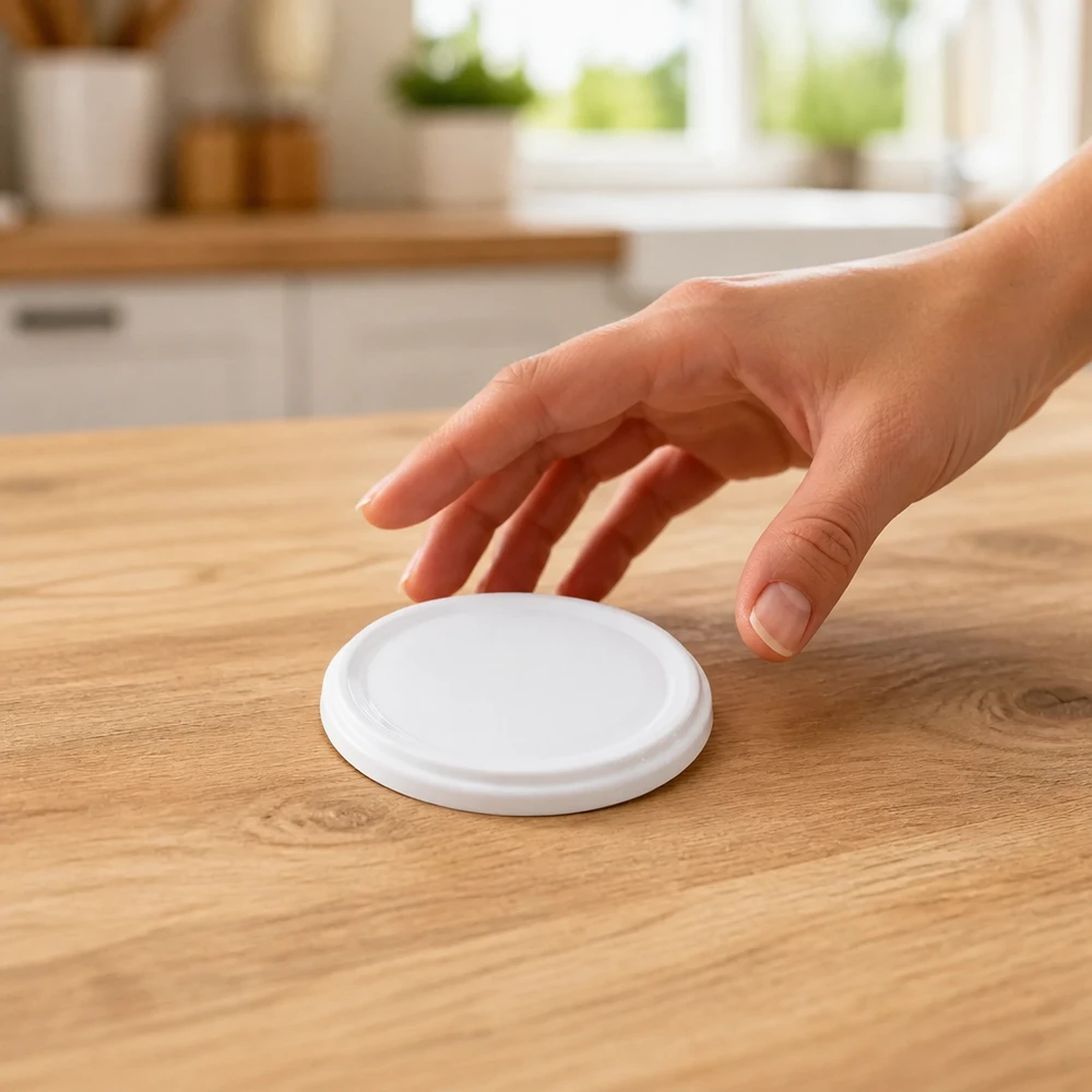 UNiTWIST TO58 wit, BioSeal, BPA-NI, unitemp UNiTWIST TO58 Inmaakdeksel wit BPA-NI unitemp Hand op houten tafel in de keuken