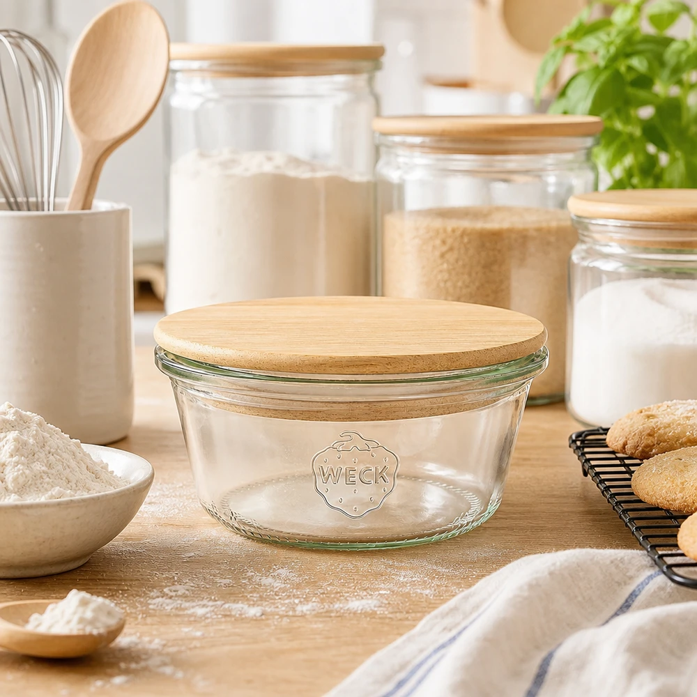 290ml stortglas laag WECK RR80 met hout deksel WECK bekers 290ml RR100 met bamboe houten deksel in bakkerijkeuken met meel, koekjes en opbergorganisatie